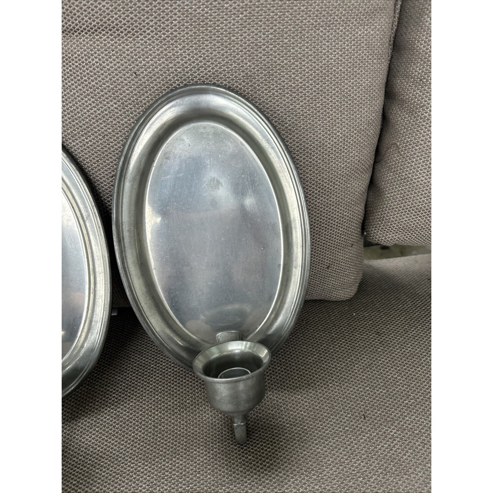 Pair (2) Woodbury Pewter 9" Oval Wall Sconces Candle Holder Silver Metal - Picture 4 of 11